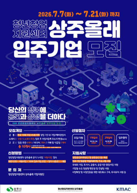 상주올래, 일반·미디어·식음업 분야 청년 창업기업 10개사 모집