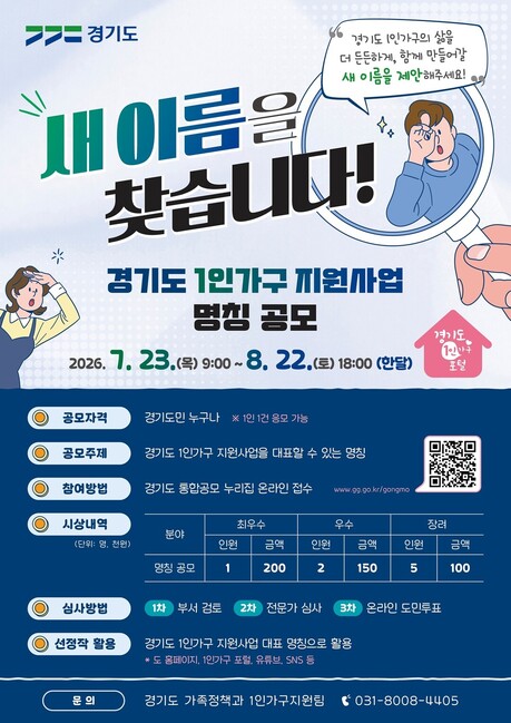 경기도, 1인가구 지원사업 새 이름 공모…8월 22일까지 접수
