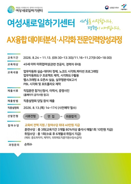 송파여성새로일하기센터, ‘AX융합 데이터분석·시각화 전문인력양성과정’ 참가자 모집 개시