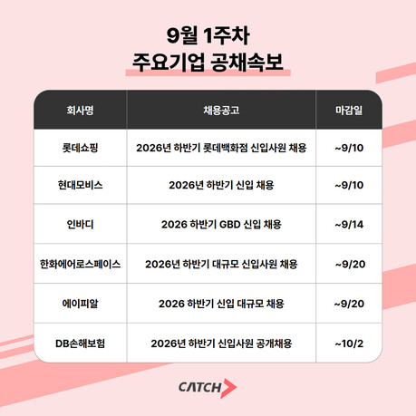 롯데백화점·현대모비스·한화에어로스페이스·에이피알 등 하반기 신입 채용…9월 대기업 원서접수 이어진다
